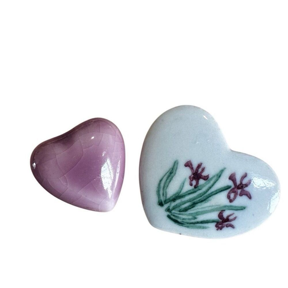 Vintage Ceramic Heart Pin Bundle - Handpainted Floral & Pink Crackle Glaze